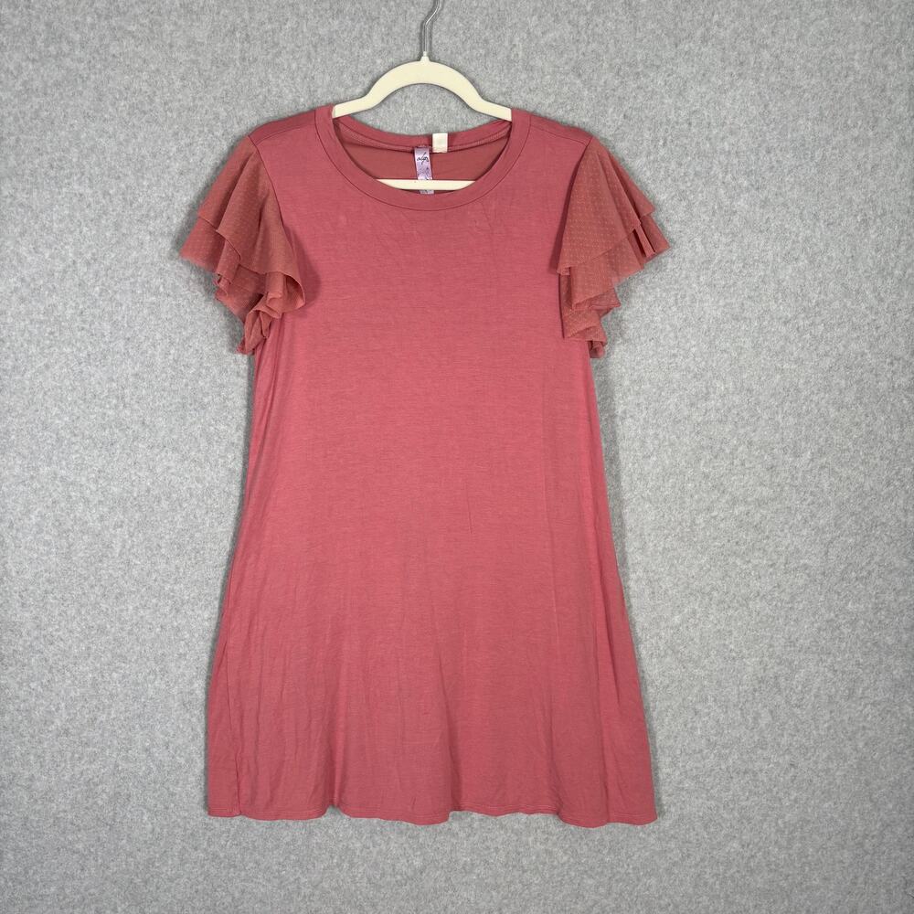 Alya‎ Shirt Dress Medium Pink Ruffle Sheer Sleeve Clip Dot Stretch Soft Comfort